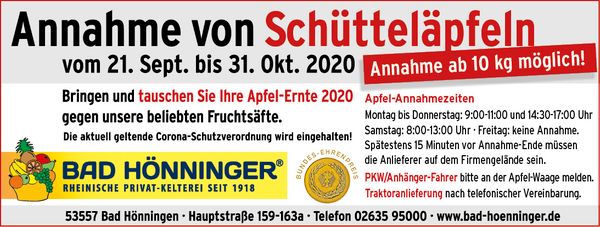 Hinweis auf die Apfelannhame von Bad Hönninger 2020.