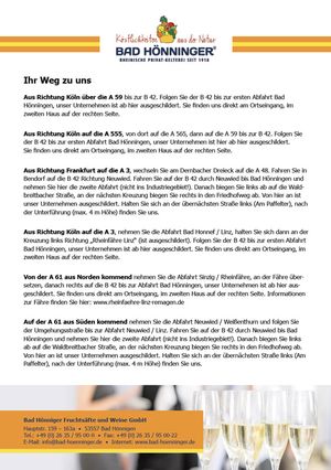 Anfahrtsbeschreibung Bad Hönninger Fruchtsäfte und Weine